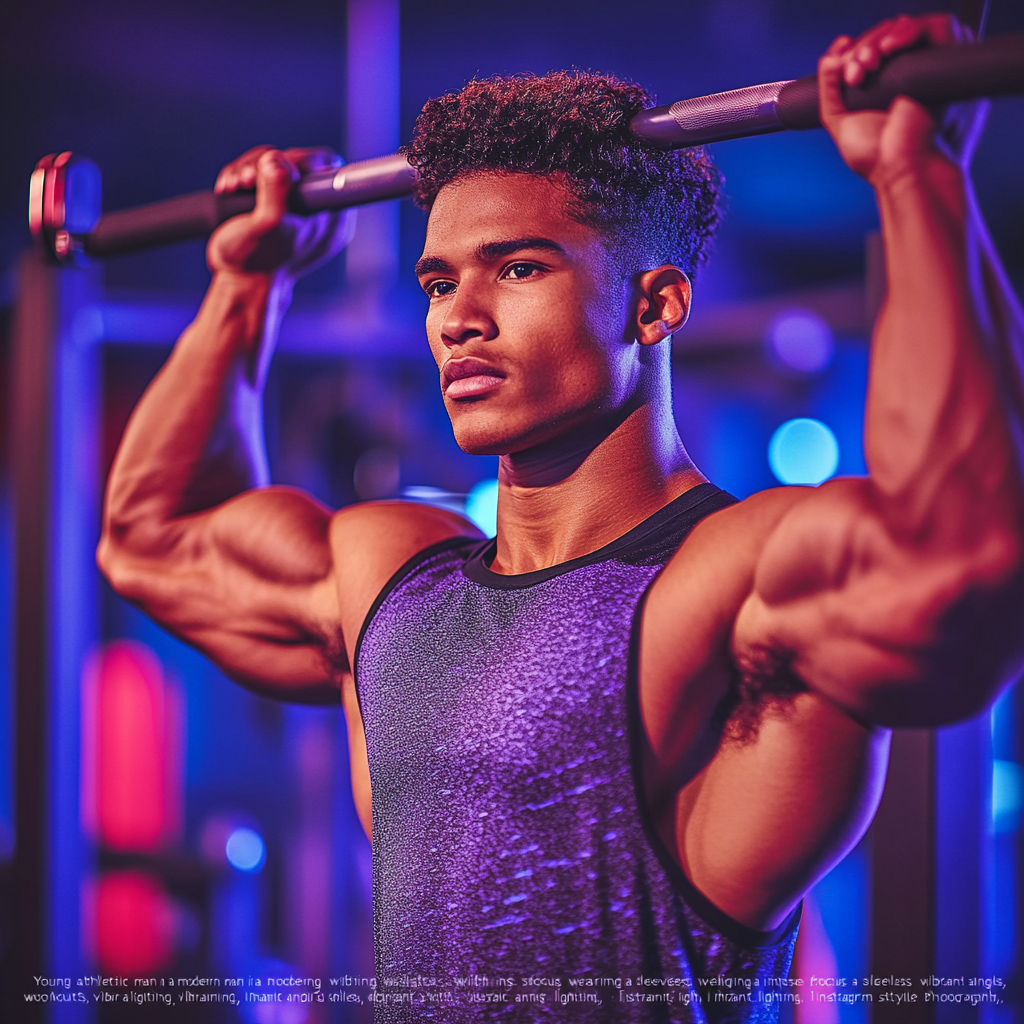 Young man lifting weights in modern gym, focused.