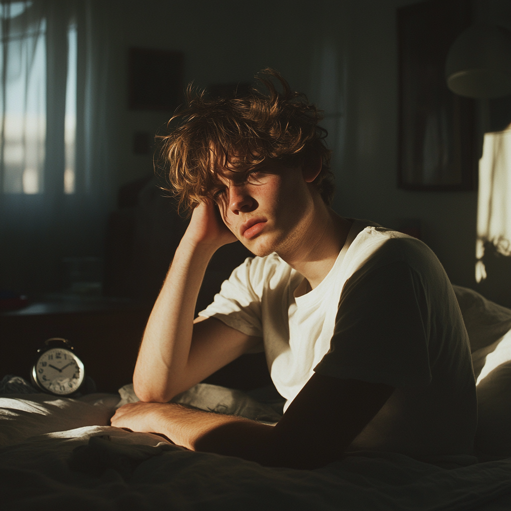 Young man looks tired, frustrated in dimly lit room.