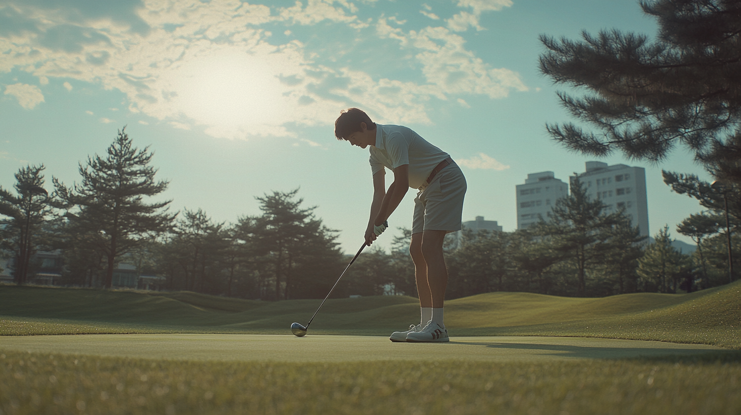 Young man playing golf in Korea with fun attitude.