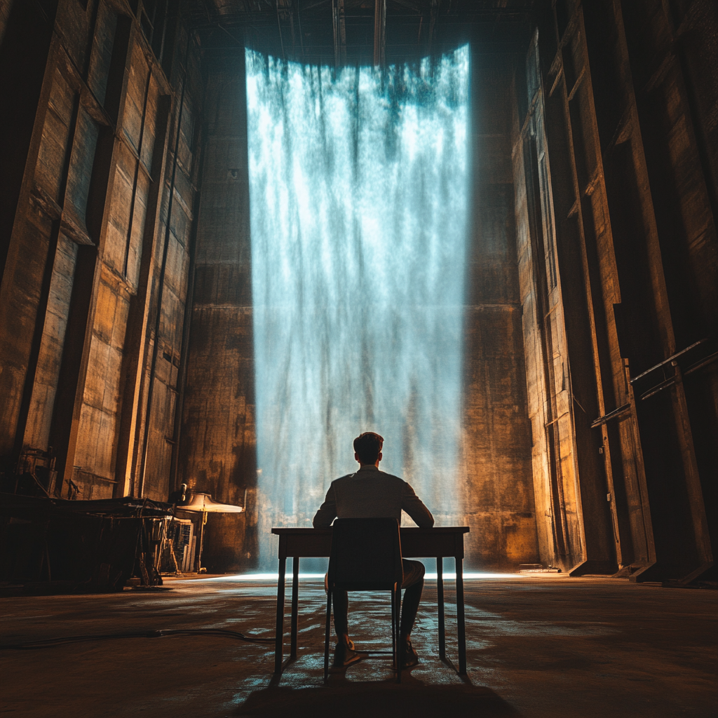 Young man sits at desk in abandoned grain facility.