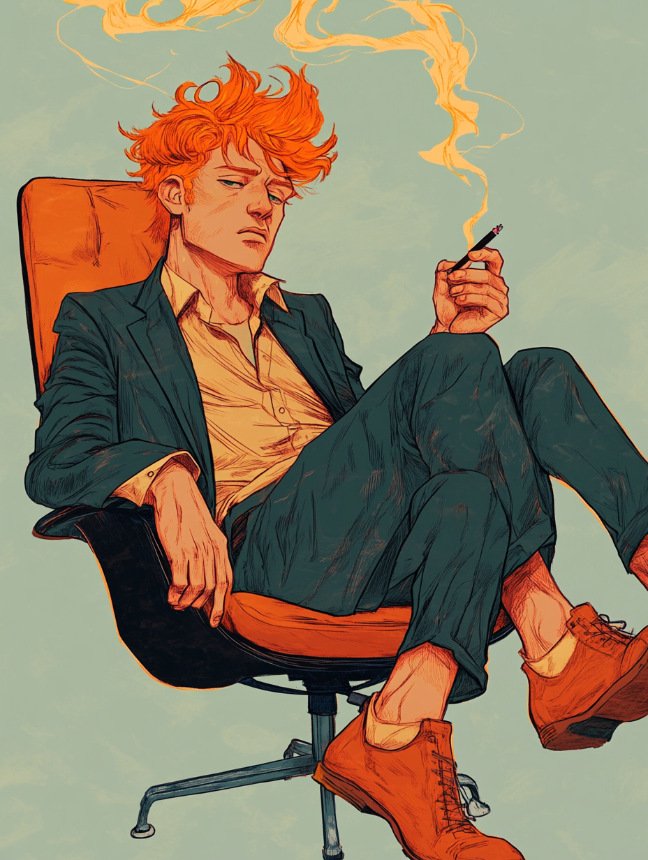 Young man sitting, smoking, has orange hair, rough appearance.