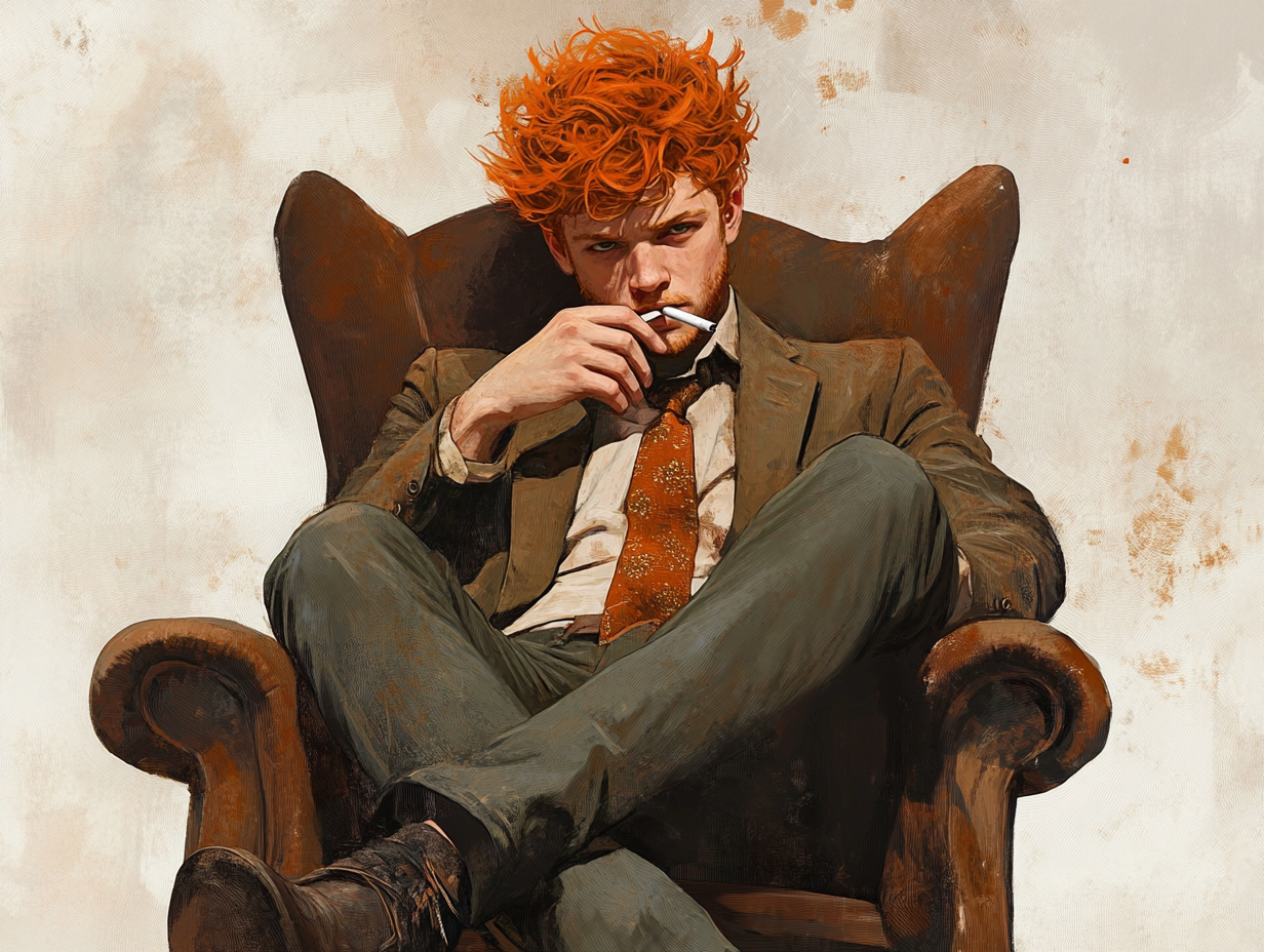 Young man sitting smoking cigarette, orange hair, rough appearance.