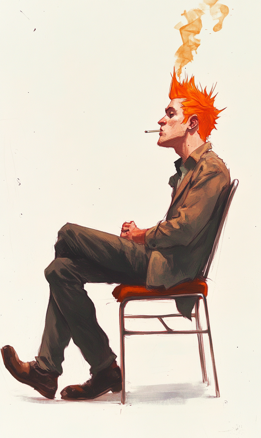 Young man with orange hair smoking, looking at friend.