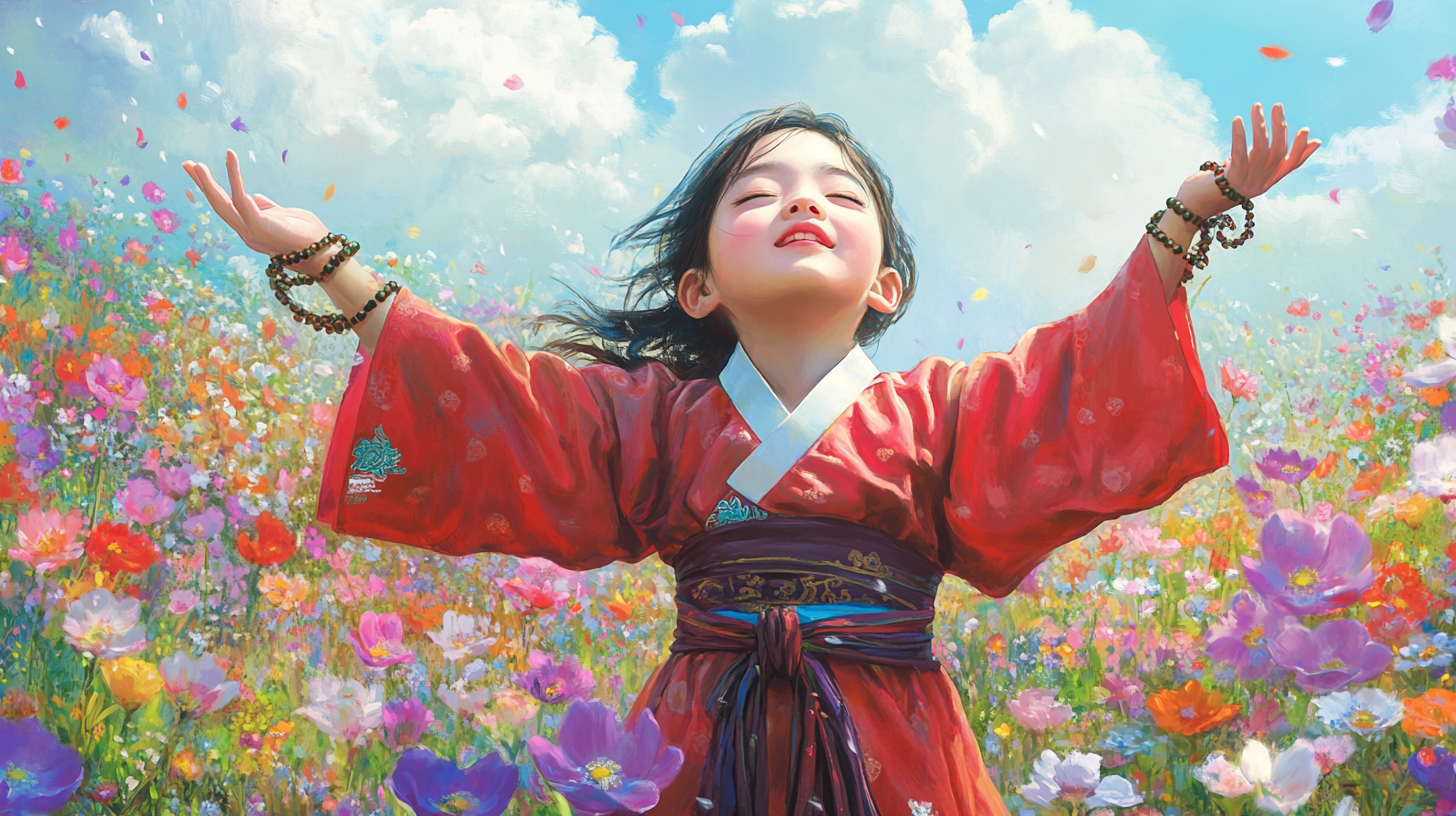 Young monk girl dances in flower field, eyes closed.