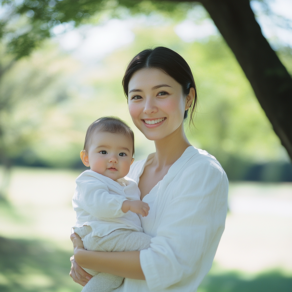 Young mother and baby smiling in park.