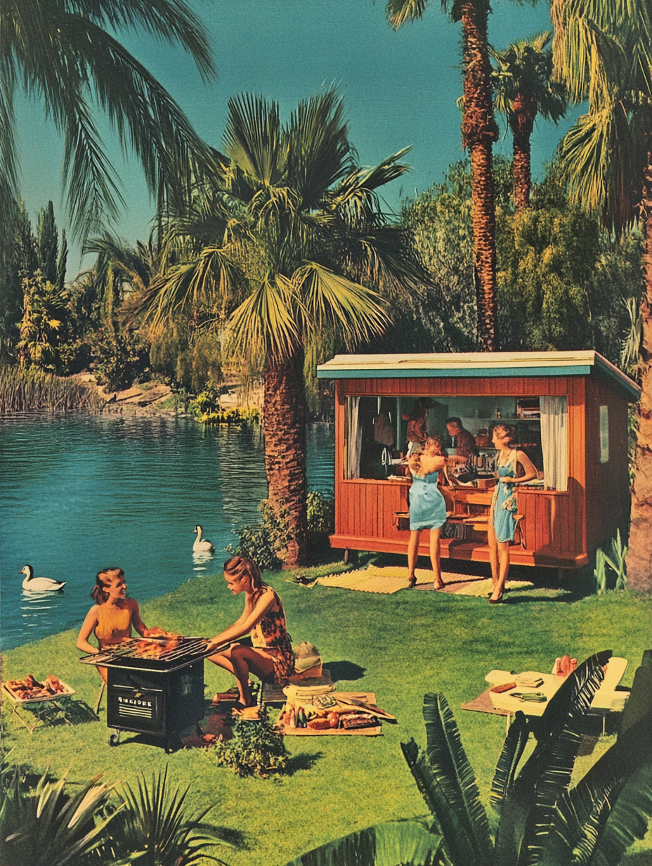 Young people BBQ near chalet by water with ducks.