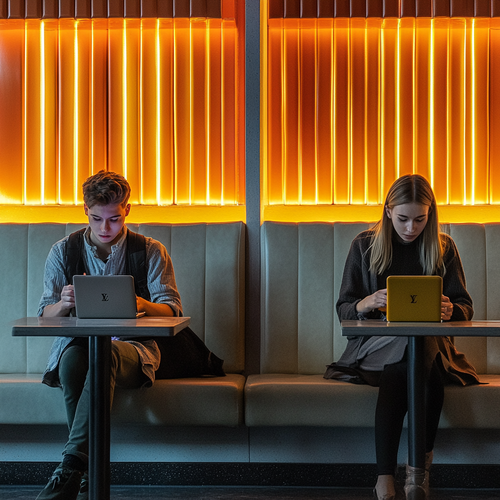 Young people confidently using high-end tech in stylish cafe.