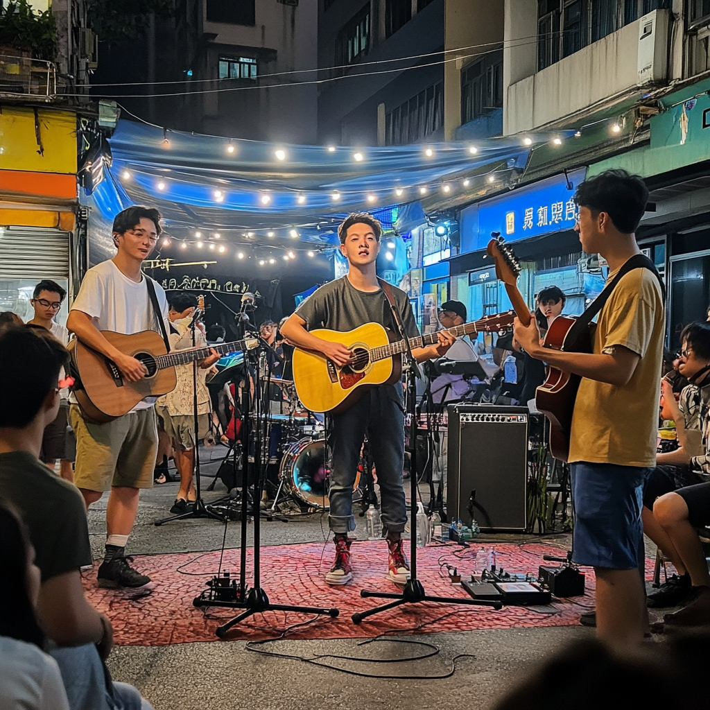 Young people enjoy live music on colorful stage.
