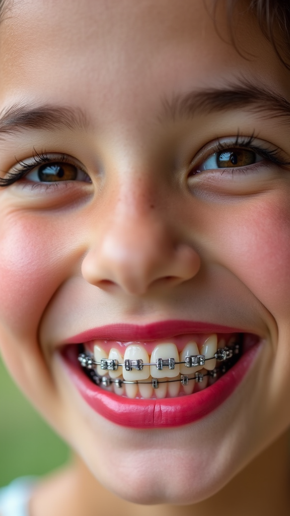 Young person smiling with braces, vivid makeup