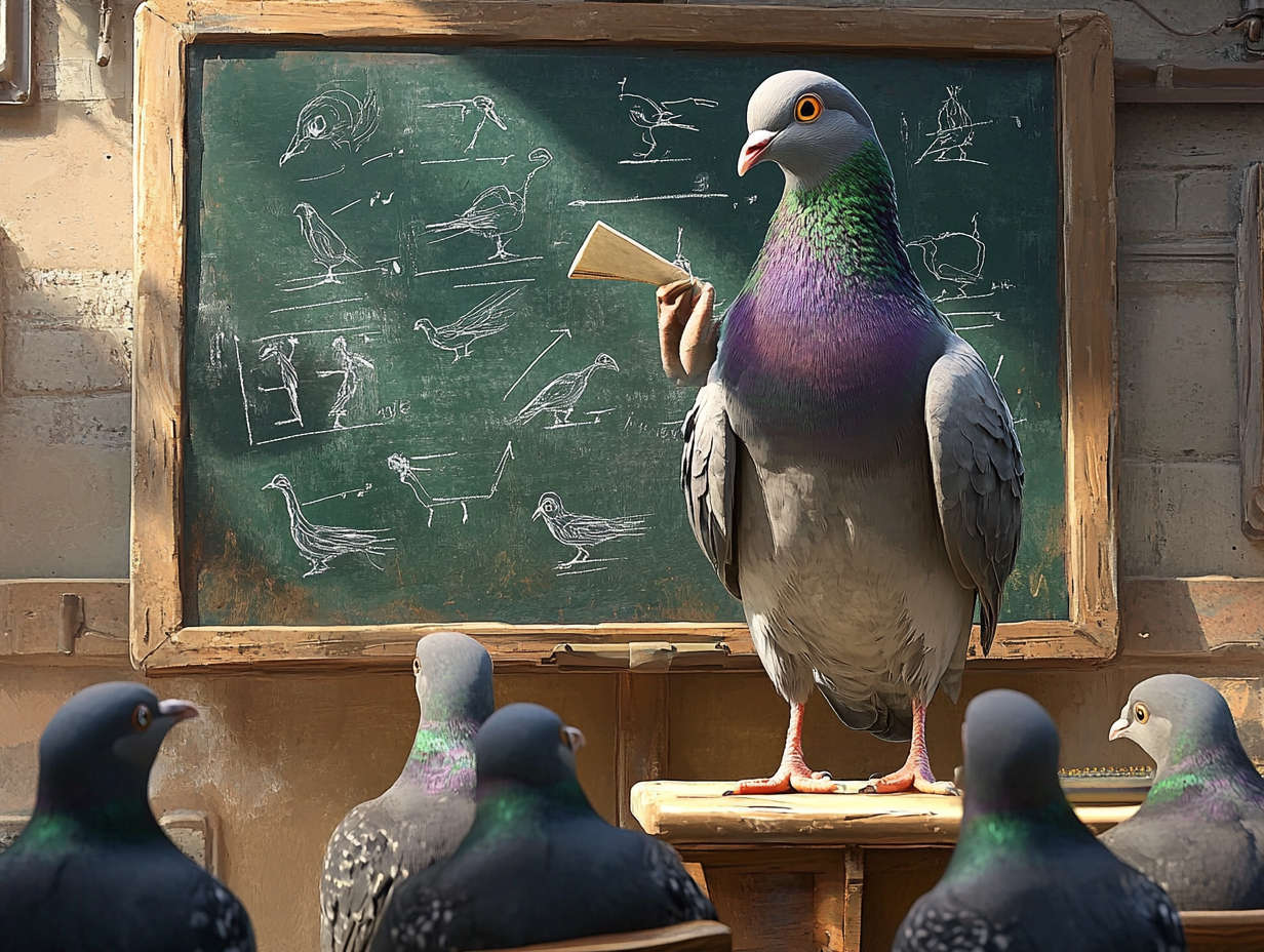 Young pigeons learn bird anatomy in classroom.