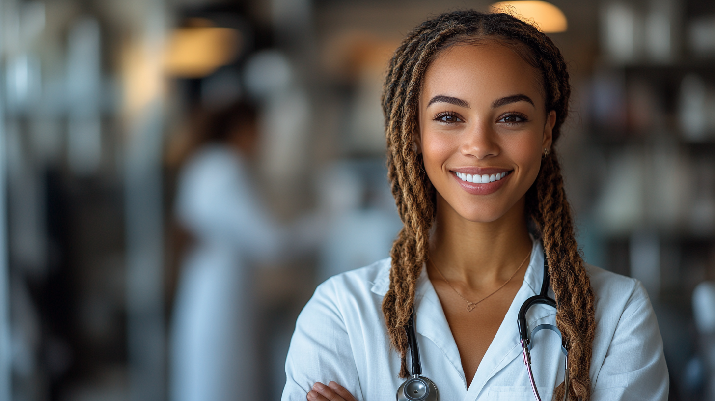 Young pretty doctor, American woman, smiling, clear background.