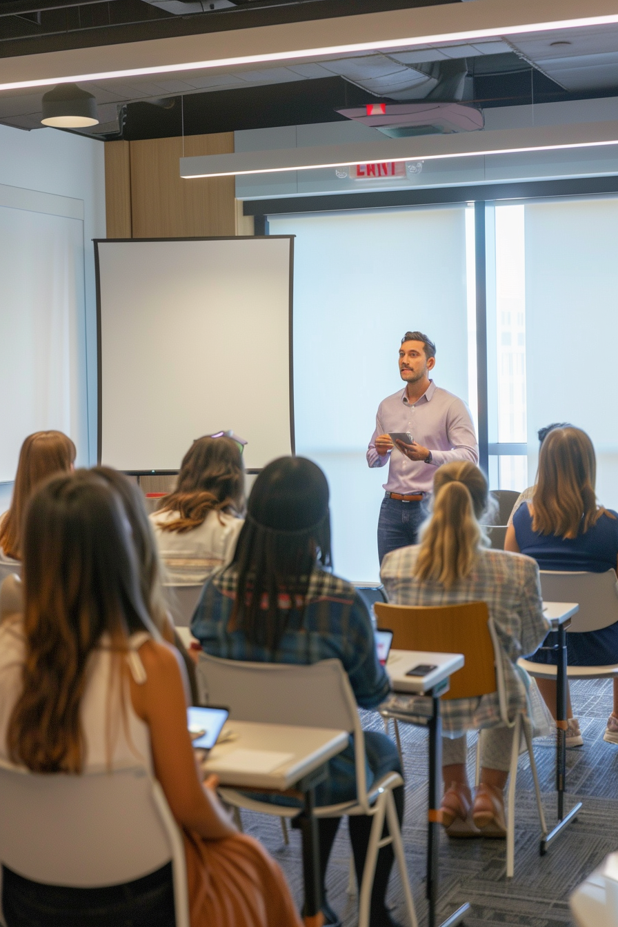 Young professional practicing speech in modern classroom setting.