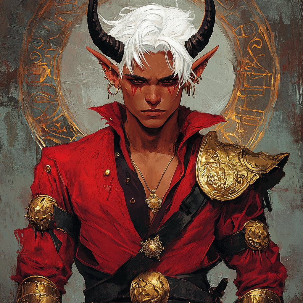 Young red tiefling warlock with gold plates, confident.