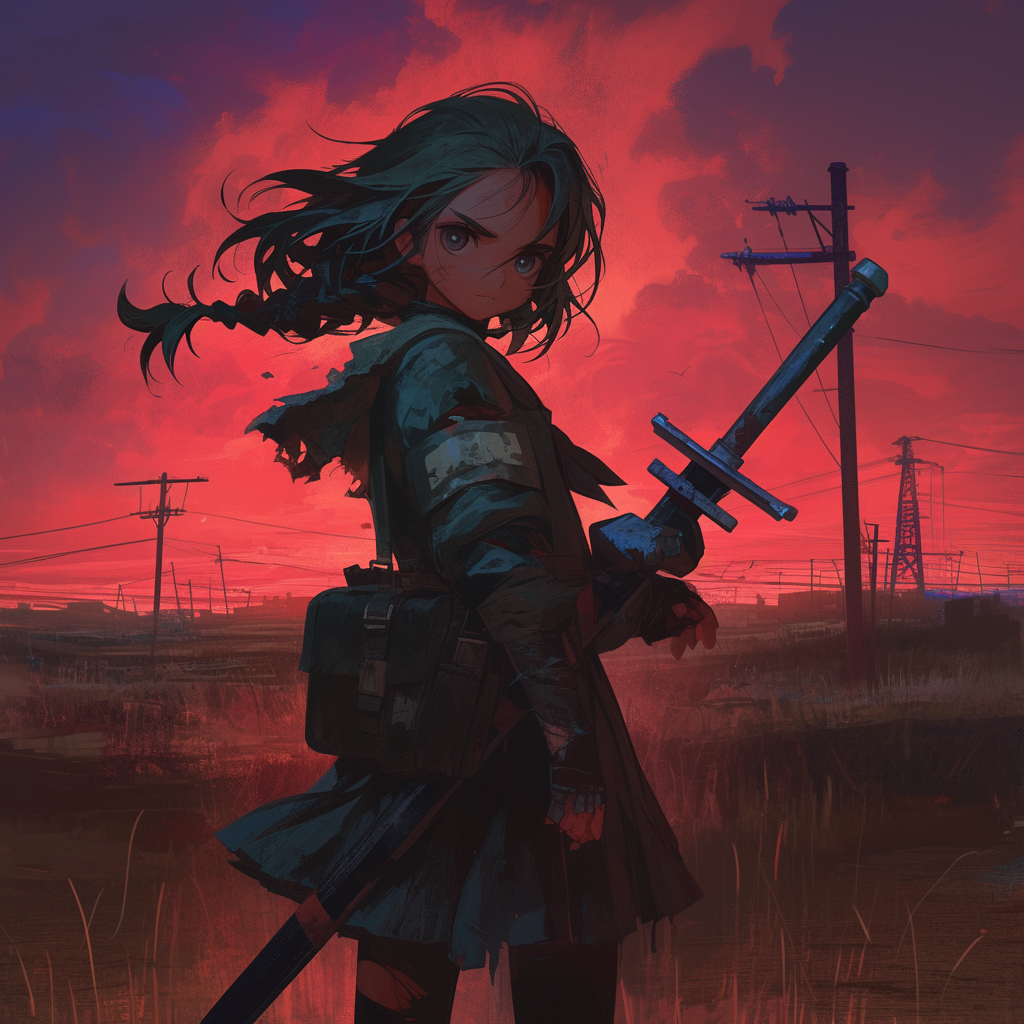 Young schoolgirl in post-apocalyptic wasteland, torn uniform, weapon.