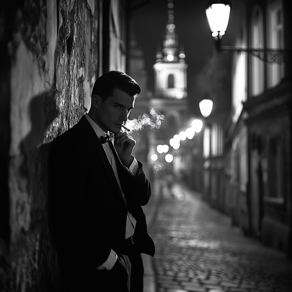 Young spy agent watching Prague street smokes cigarette.