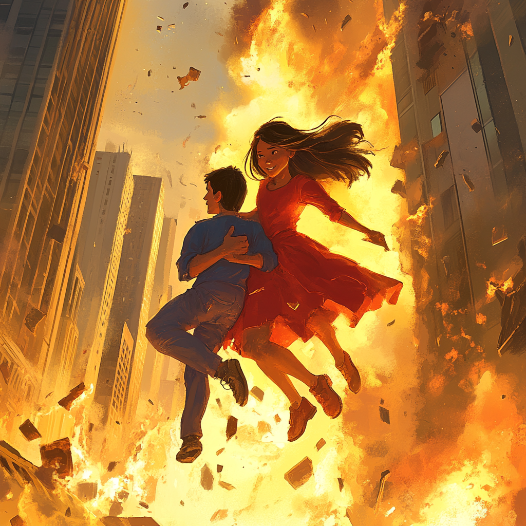 Young superhero girl rescues man from burning building