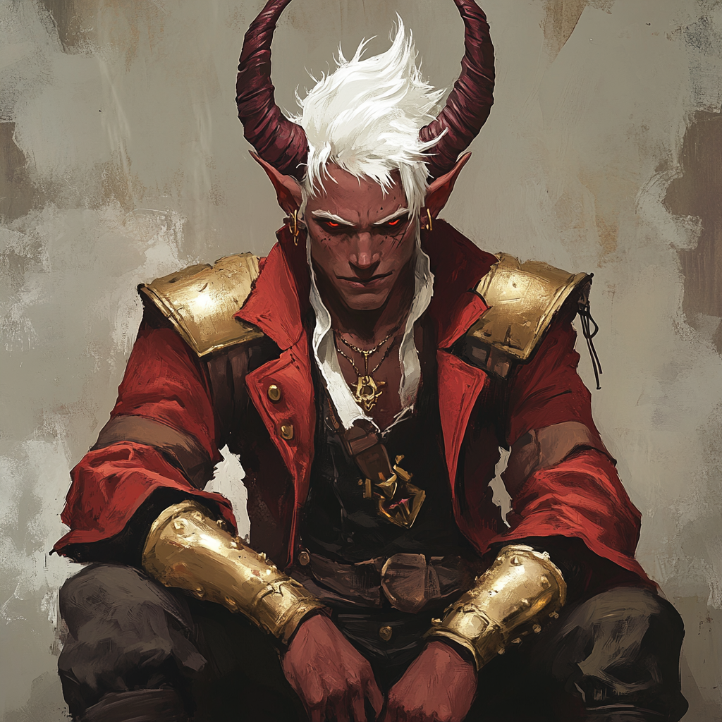 Young tiefling warlock with red skin and white hair.