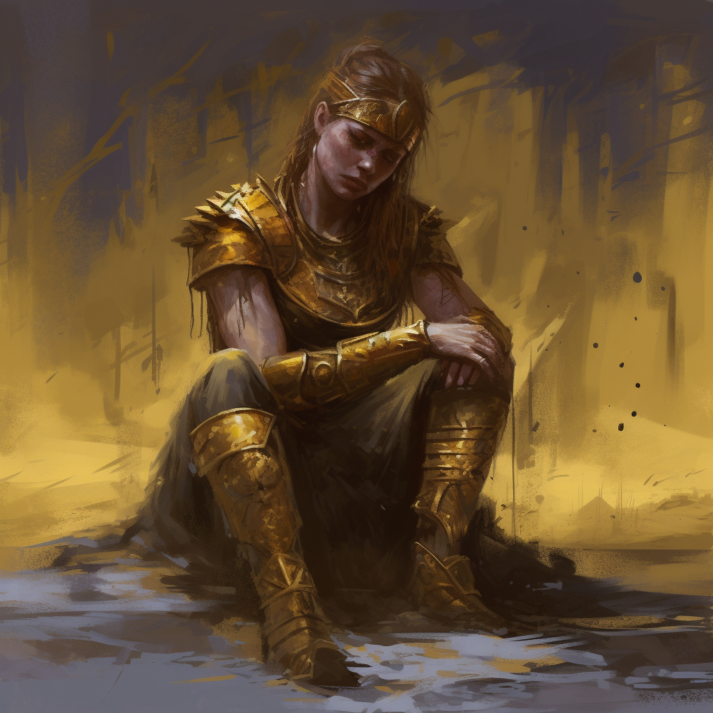 Young warrior woman kneels on lifeless, ashen ground.