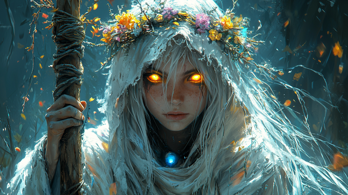 Young witch with glowing eyes in dark forest.