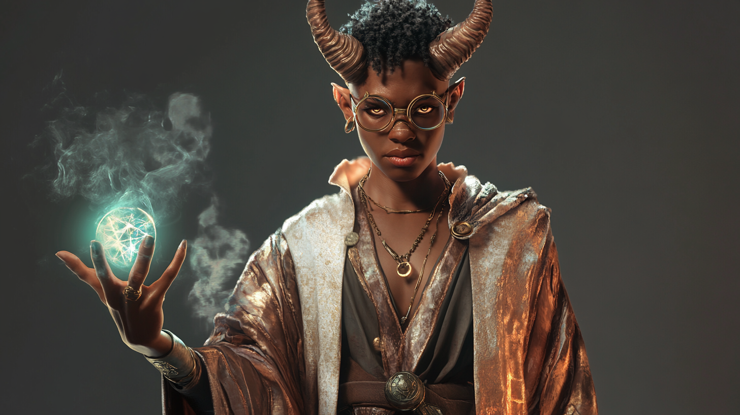 Young wizard tiefling with magic and glasses - A video game character inspired image