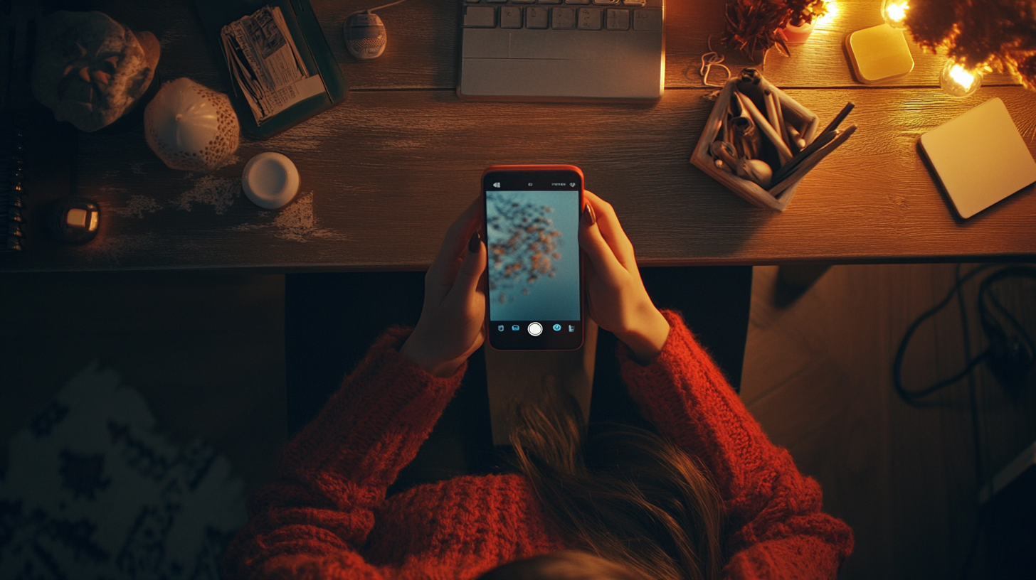 Young woman's hands holding phone in warm office.