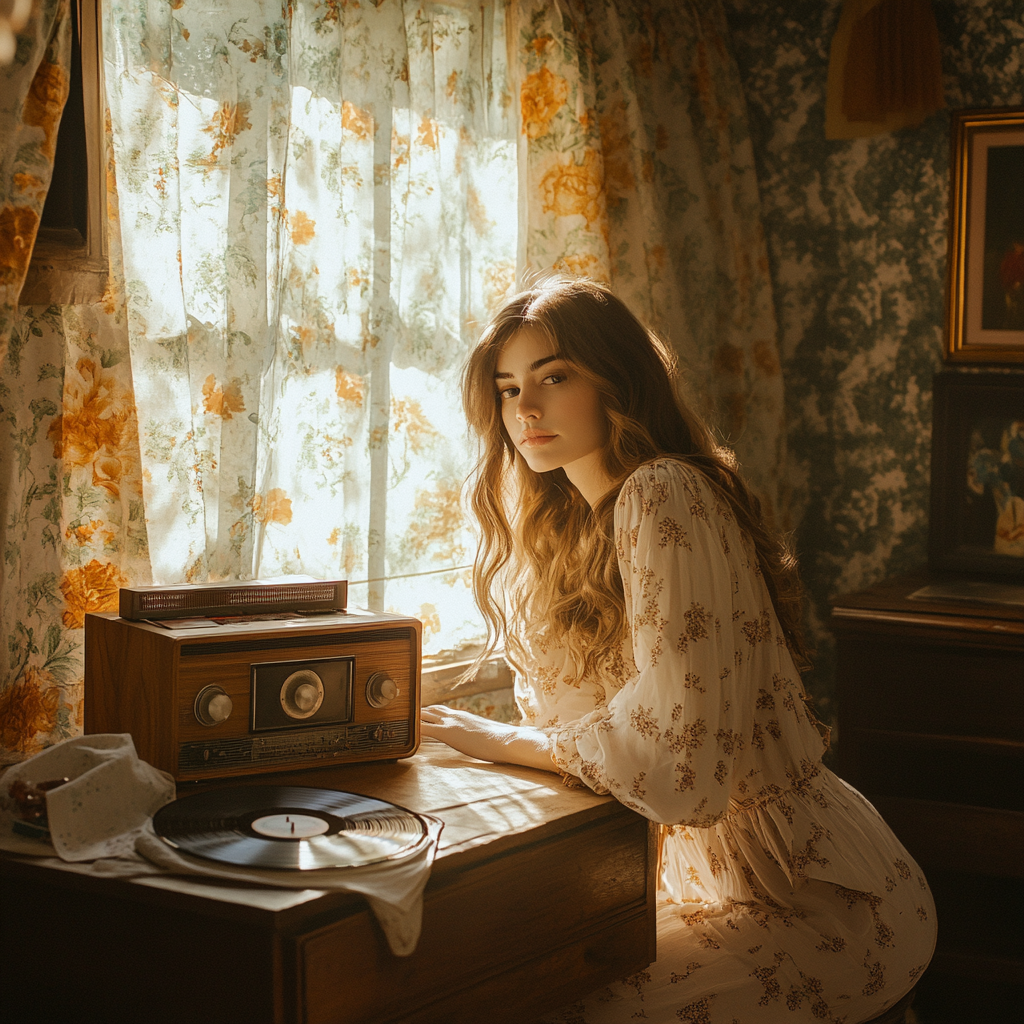 Young woman enjoys vintage radio in cozy room.