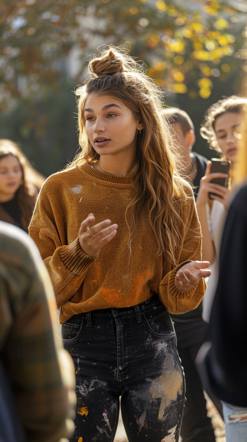 Young woman giving motivational talk outdoors, Gigi Hadid look-alike.