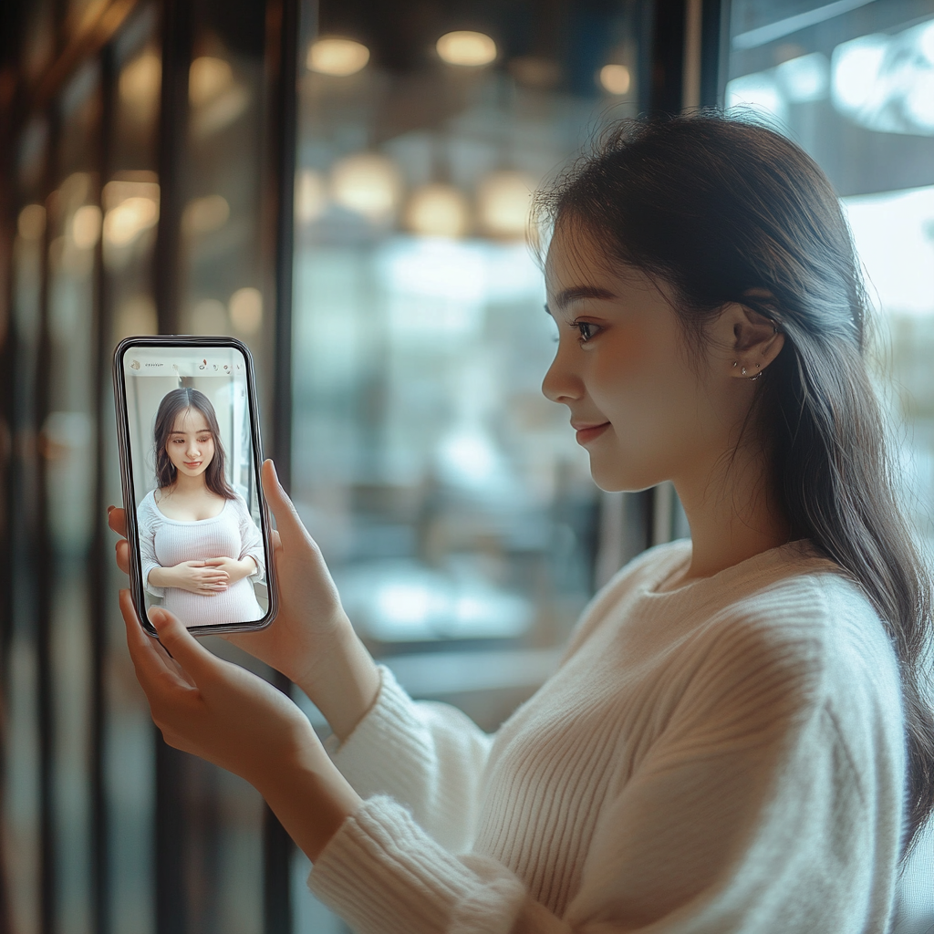 Young woman holding smartphone, sees herself pregnant on screen.