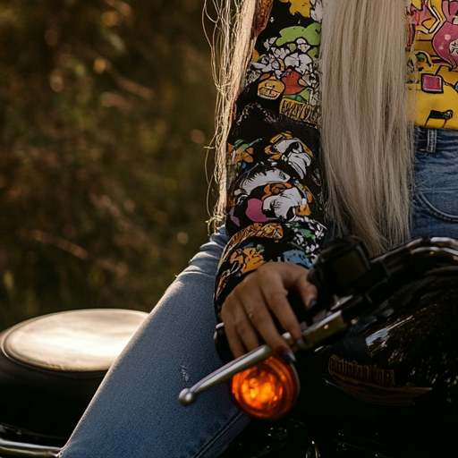 Young woman in 90s Disney clothes on motorcycle.