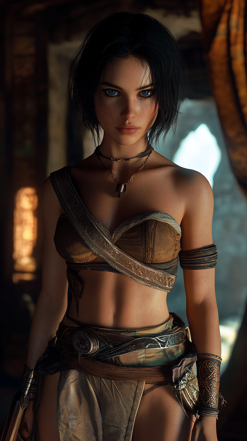 Young woman in Conan Exiles outfit with short hair.