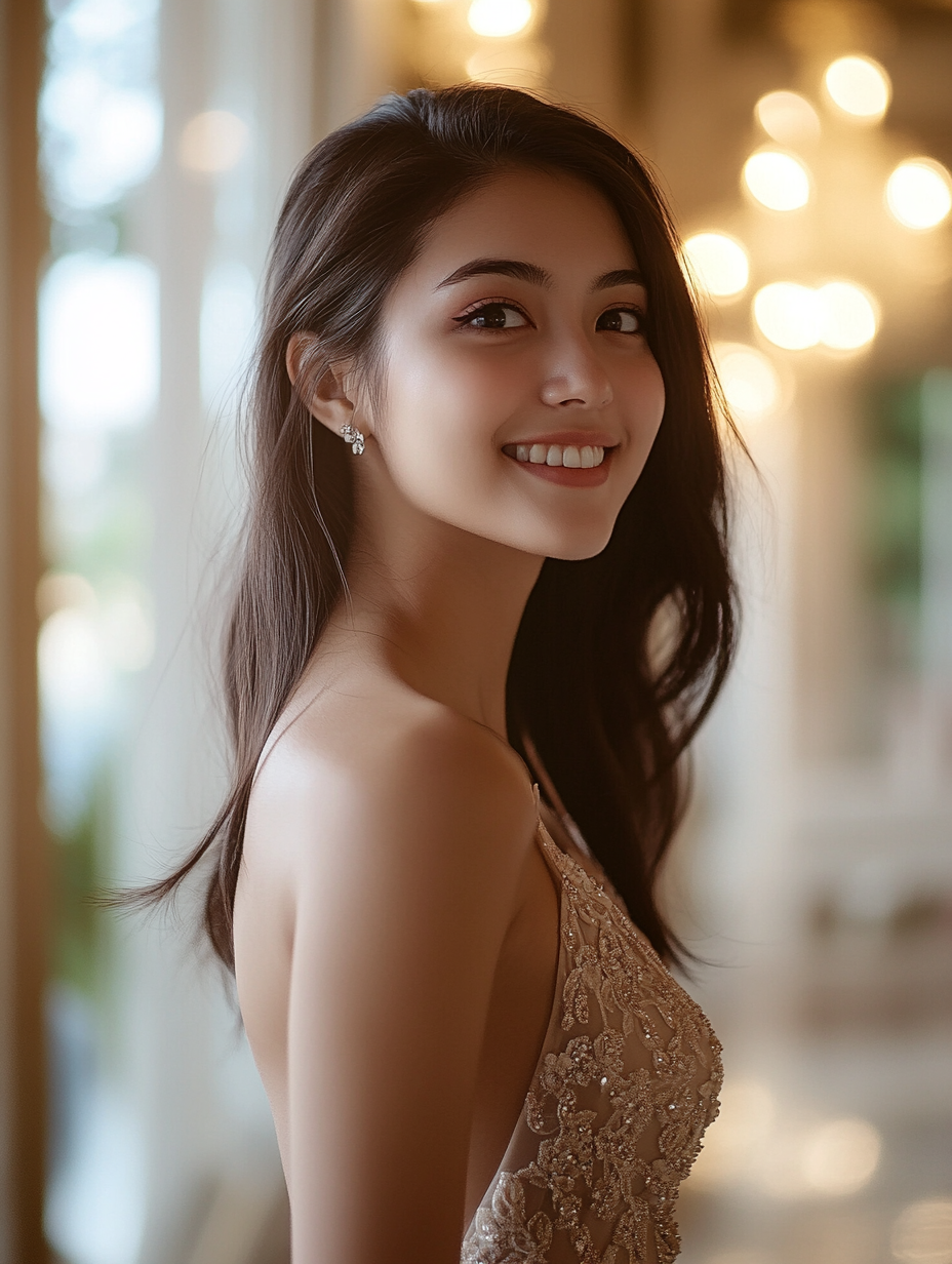 Young woman in elegant dress, smiling indoors, Fujifilm GFX 100S