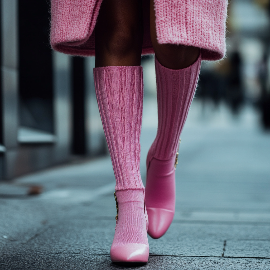 Young woman in fashionable pink woolen short socks.