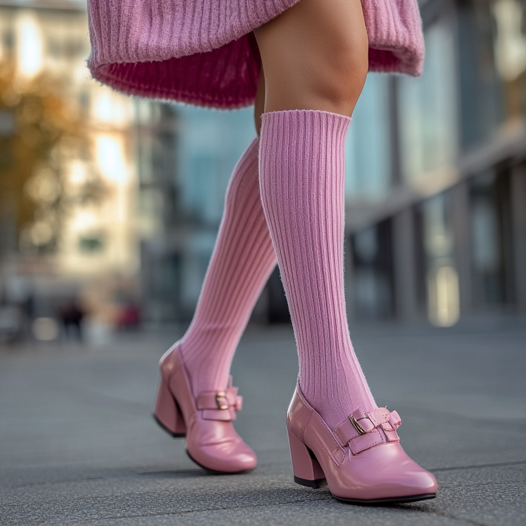 Young woman in pink woolen short socks and elegant shoes walking street