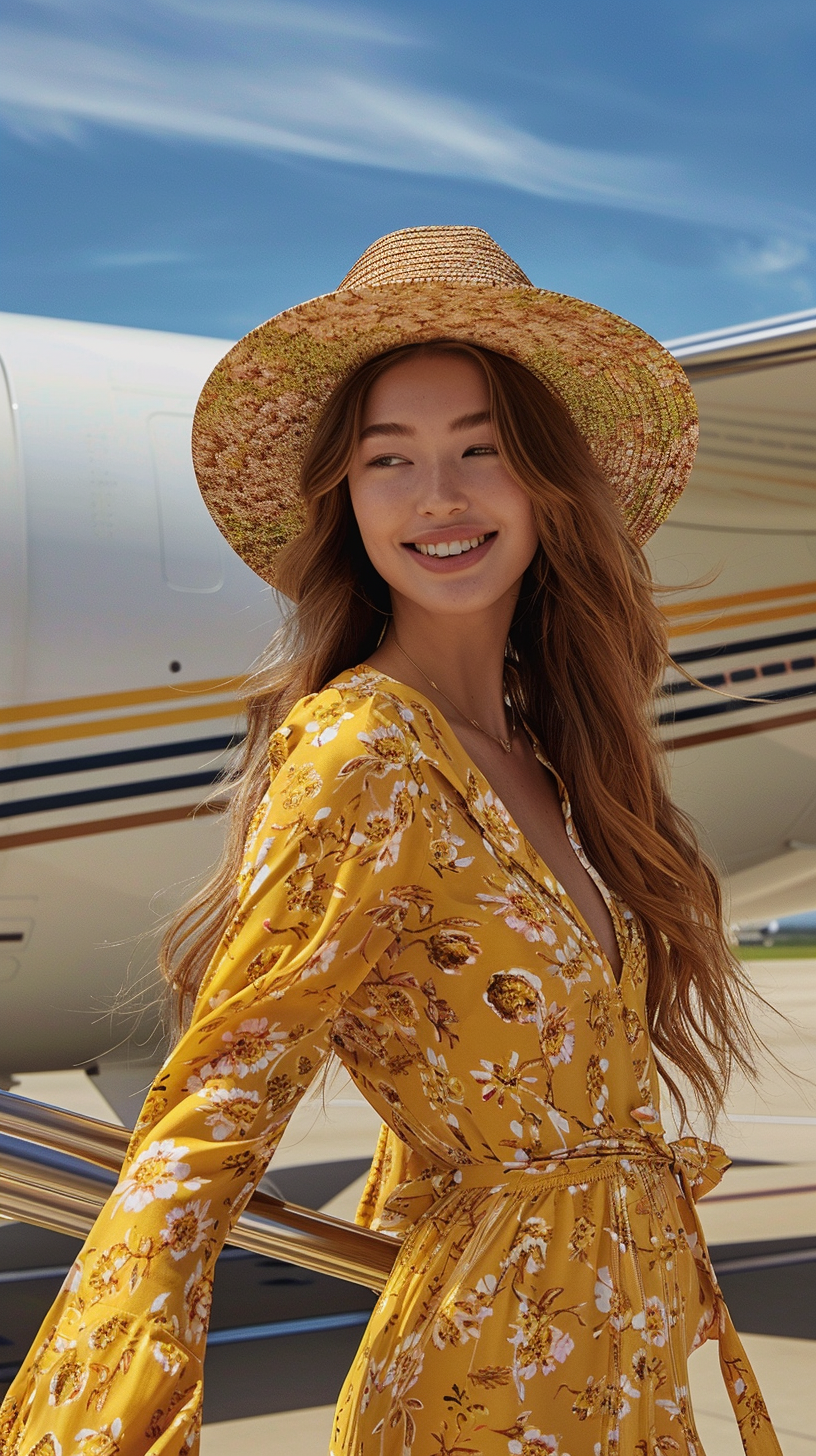 Young woman in yellow dress and travel hat boarding plane.