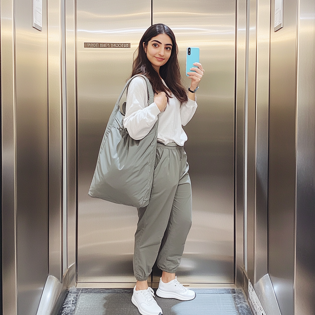 Young woman in yoga gear takes elevator selfie.