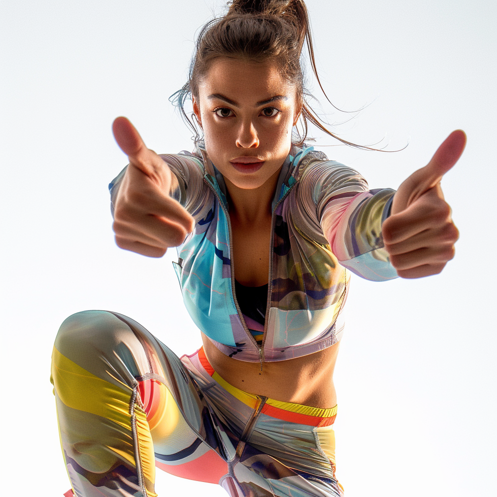 Young woman jumps confidently, pointing at camera