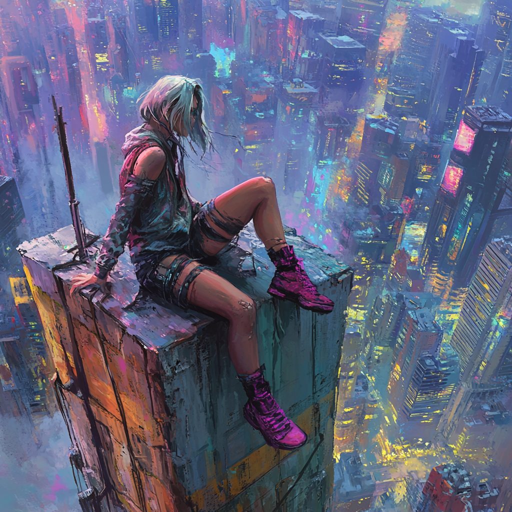 Young woman on broken skyscraper, post-apocalyptic city view.