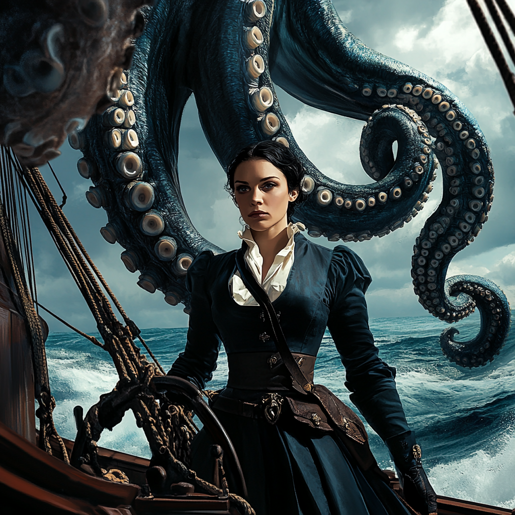 Young woman on ship deck with giant tentacle.