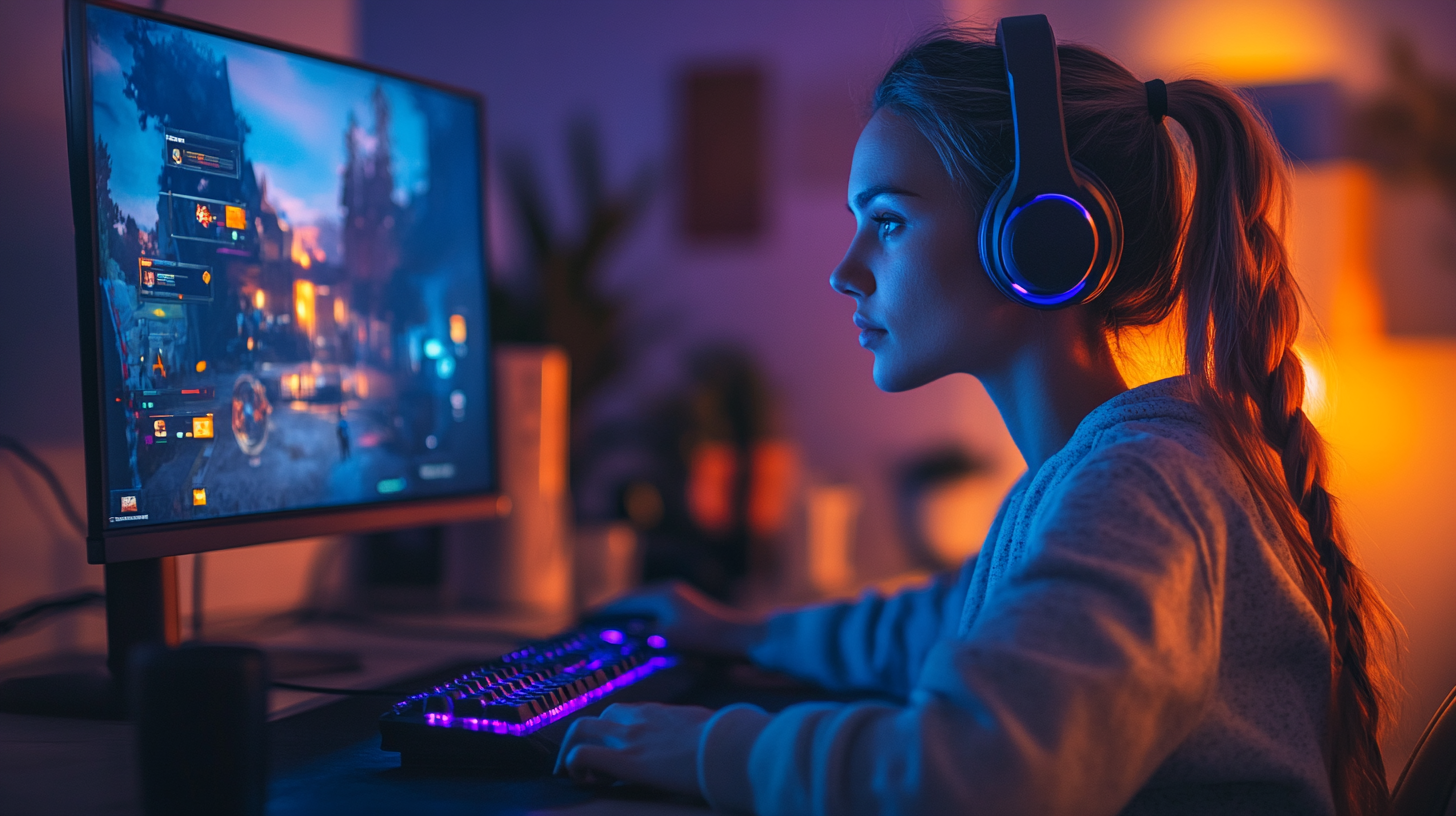 Young woman playing Apex Legends on PC at night.