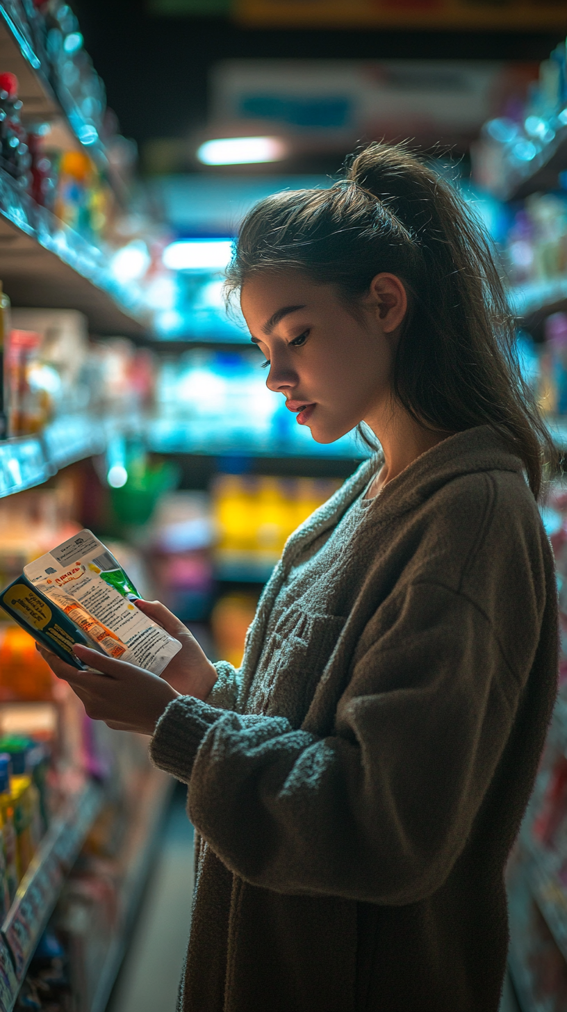 Young woman reads product label in well-lit supermarket