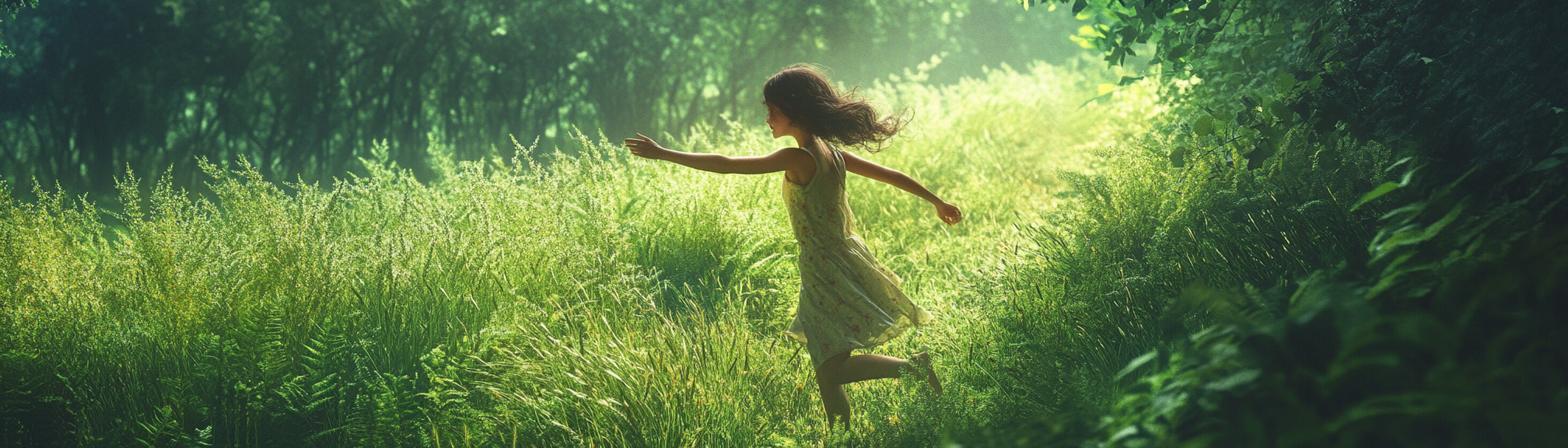 Young woman running in lush forest, enjoying nature.