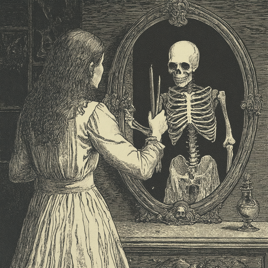 Young woman sees skeleton ghost in mirror