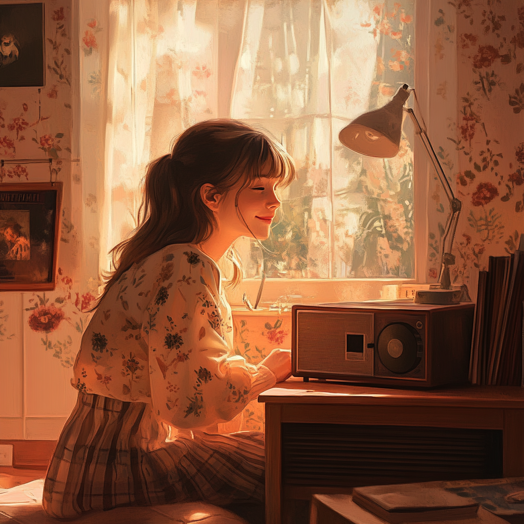 Young woman sitting by vintage radio in cozy room.