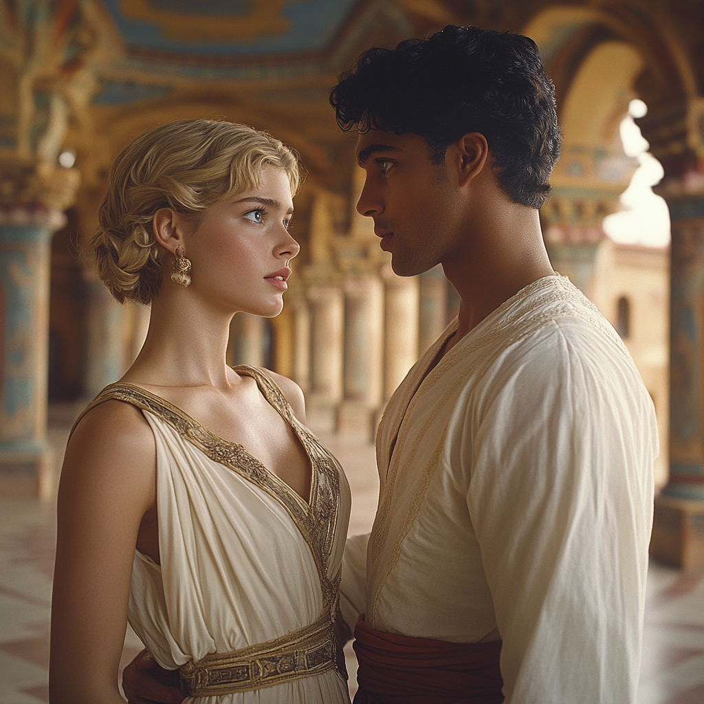 Young woman with blonde hair in white gown, man in white shirt in tropical palace.