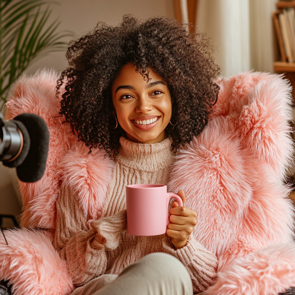 Young woman with curly hair recording video with mug.