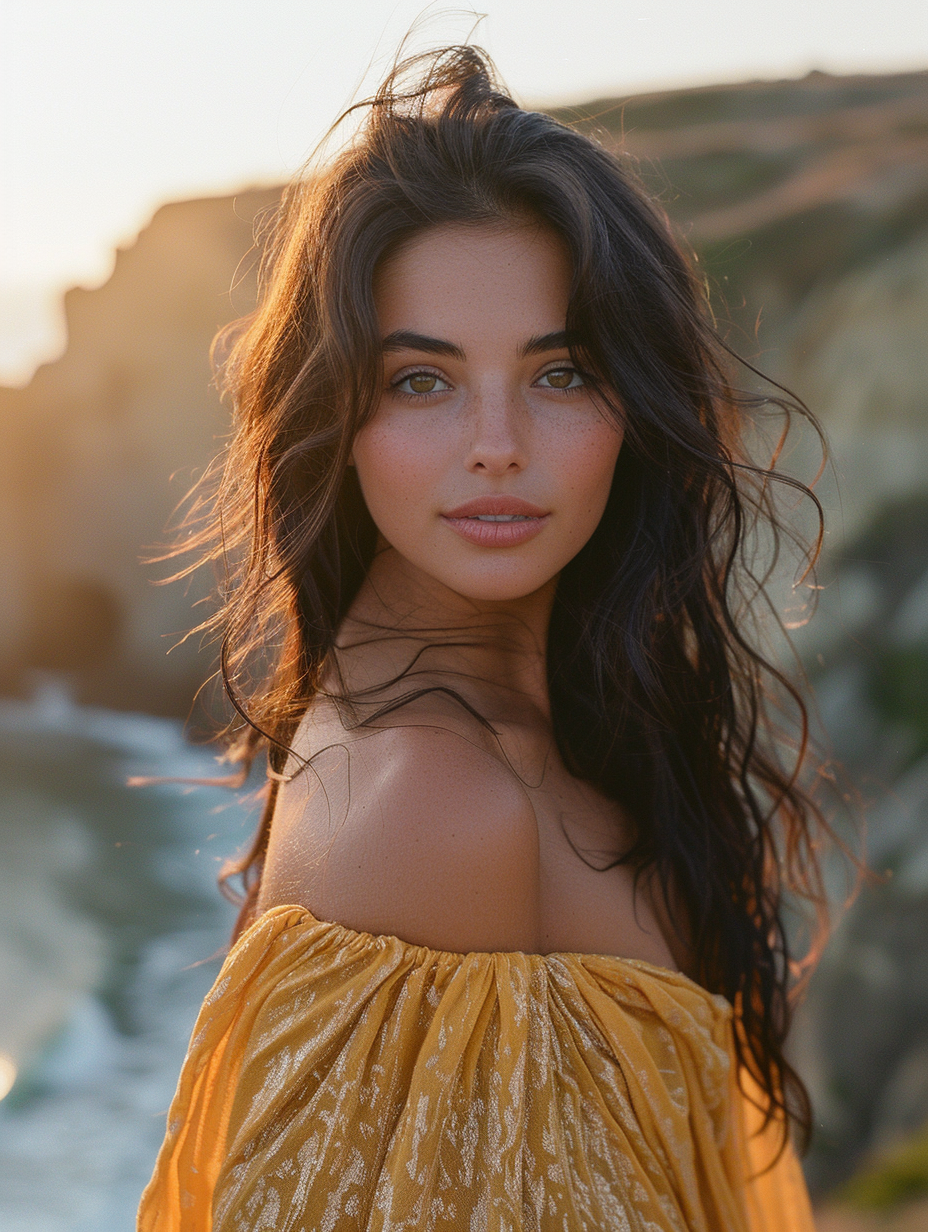 Young woman with flowing black hair stands near cliff.