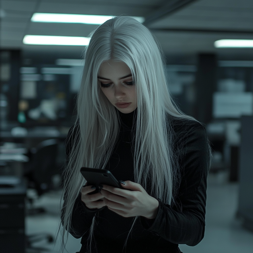 Young woman with long white hair, dressed in black.