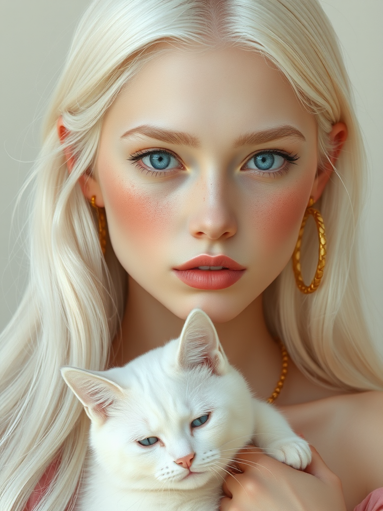 Young woman with platinum blonde hair, wearing gold jewelry, holding white cat.