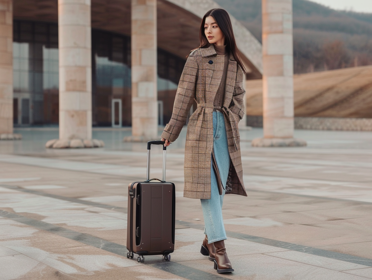 Young woman with suitcase, stylish outfit, thoughtful expression