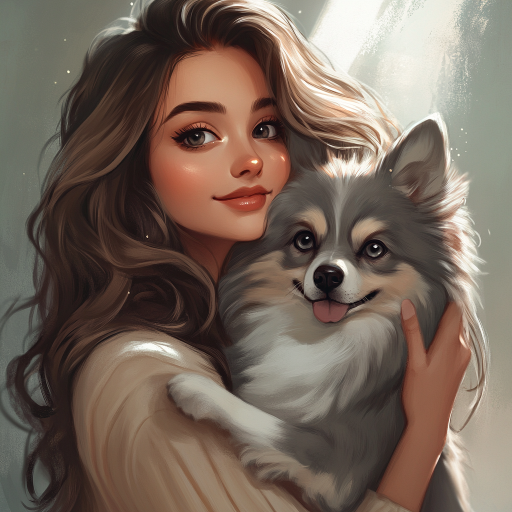 Young woman with wavy hair holding grey dog.